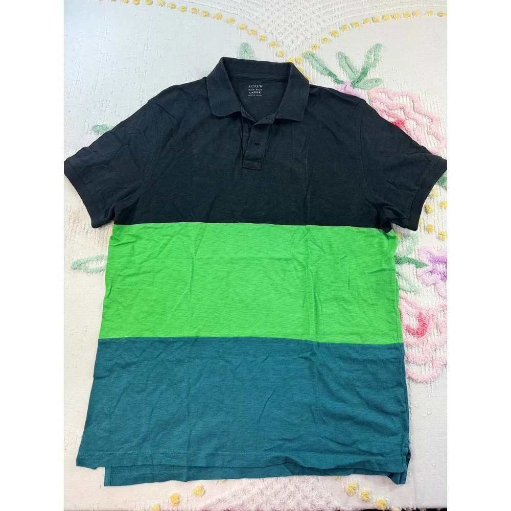 J.Crew Men's Colorblock Polo Shirt‎ XL Black Green Teal Short Sleeve Cotton